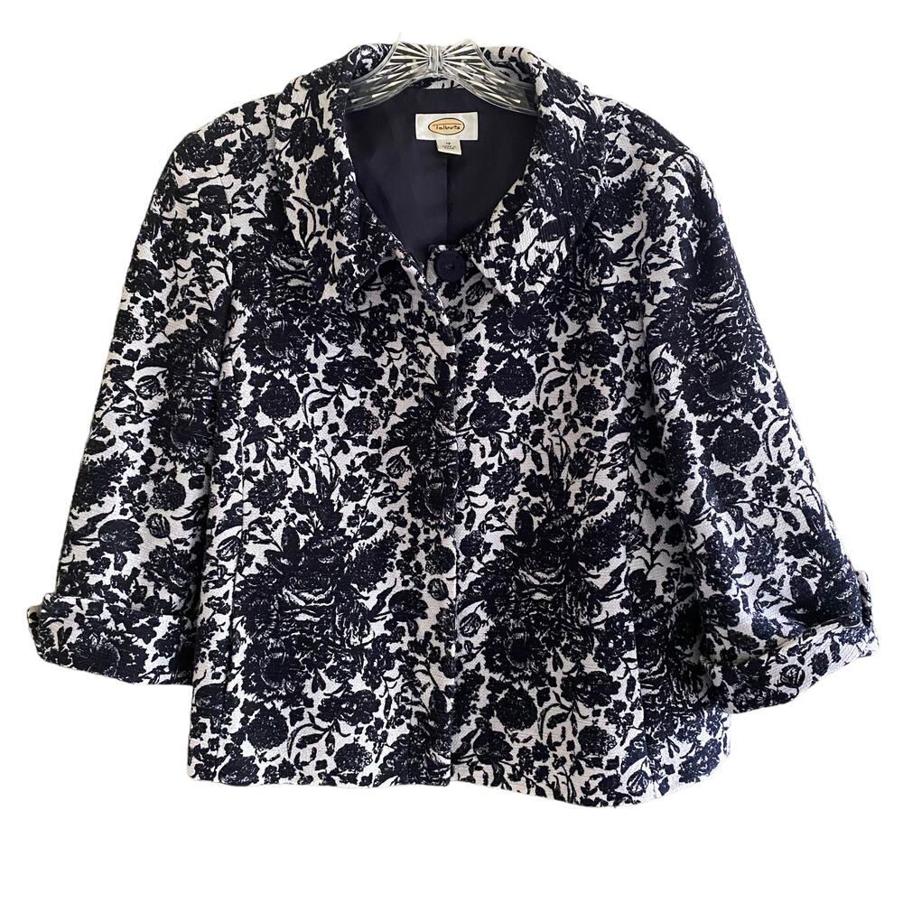 TALBOTS Cropped Blazer 12 Blue Floral Peter Pan Collar Heavy Cotton Preppy